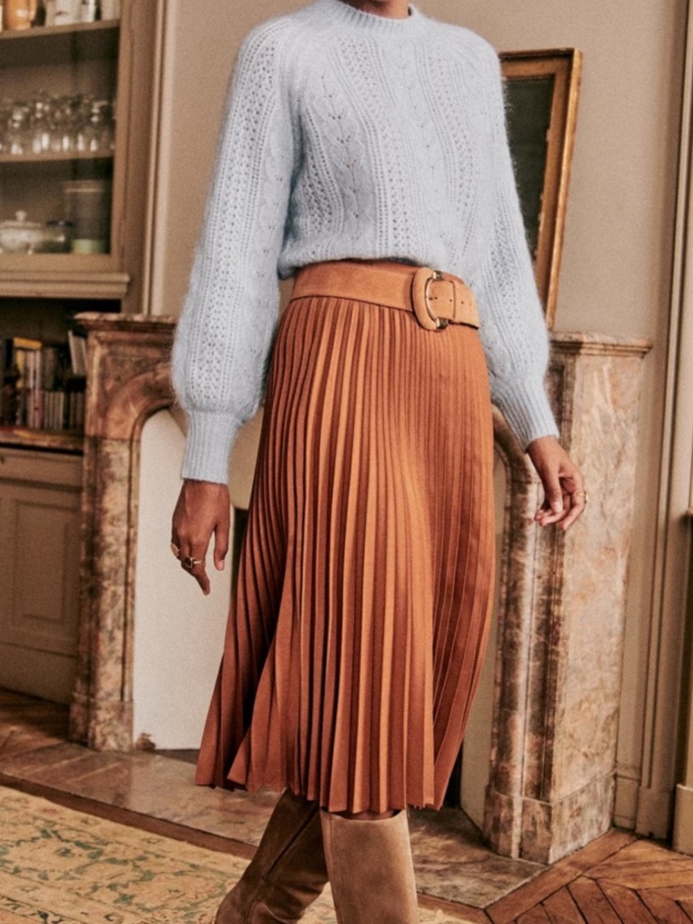 Sezane Hazelnut Pleated Midi Skirt with Belted Waist